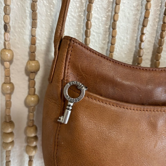 Fossil Tan Leather Distressed Y2K 2000s Boho Indie Festival Shoulder Purse Bag - Picture 2 of 8